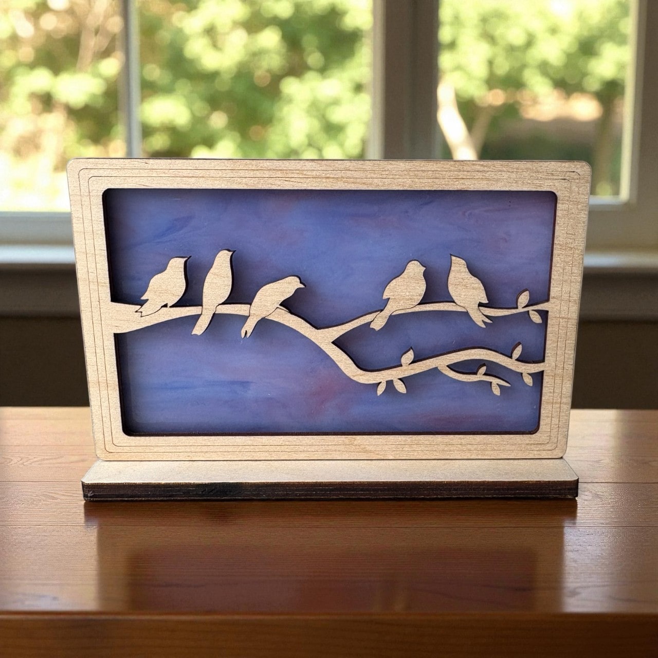 BIRDS OF A FEATHER SUNSCREEN - freestanding stained glass & wood
