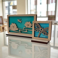 DRAGONFLY MINI SUNCATCHER - Free standing 2.5" stained glass & wood decor