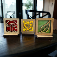 BEE MINI SUNCATCHER - Free standing 2.5" stained glass & wood decor
