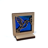 HUMMINGBIRD MINI SUNCATCHER - Free standing 2.5" stained glass & wood decor