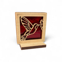 HUMMINGBIRD MINI SUNCATCHER - Free standing 2.5" stained glass & wood decor