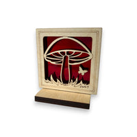 MUSHROOM MINI SUNCATCHER - Free Standing 2.5" stained glass & wood decor