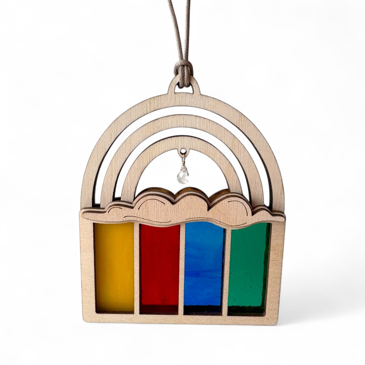 RAINBOW Light Catcher - stained glass & wood ornament