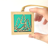 CAMPING MINI SUNCATCHER - 2.5" stained glass & wood ornament