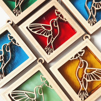 HUMMINGBIRD MINI SUNCATCHER - 2.5" stained glass & wood ornament
