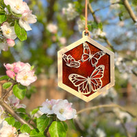 BUTTERFLY SUNCATCHER - 6" stained glass & wood window ornament