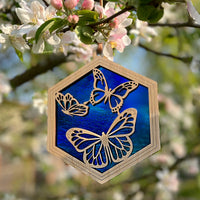 BUTTERFLY SUNCATCHER - 6" stained glass & wood window ornament
