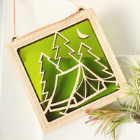 CAMPING SUNCATCHER - 6" stained glass & wood window ornament