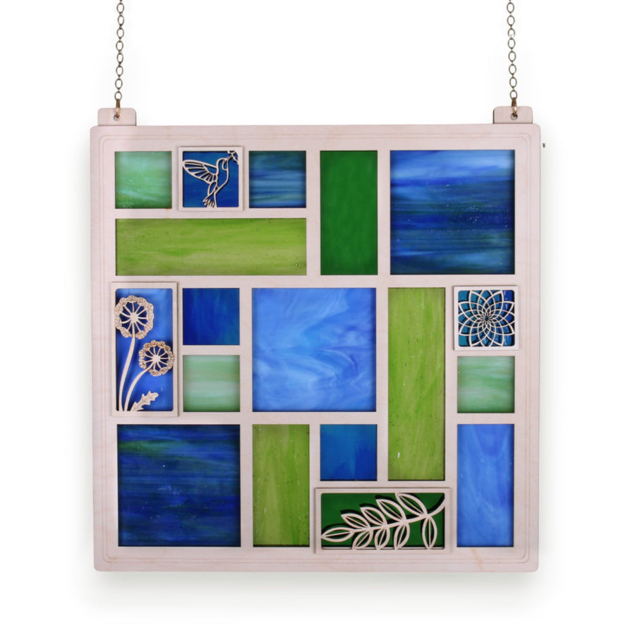 QUILTED GLASS PANEL 14" - blues & greens *ONE-OF-A-KIND*