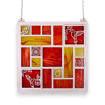 QUILTED GLASS PANEL 14" - reds & yellows *ONE-OF-A-KIND*