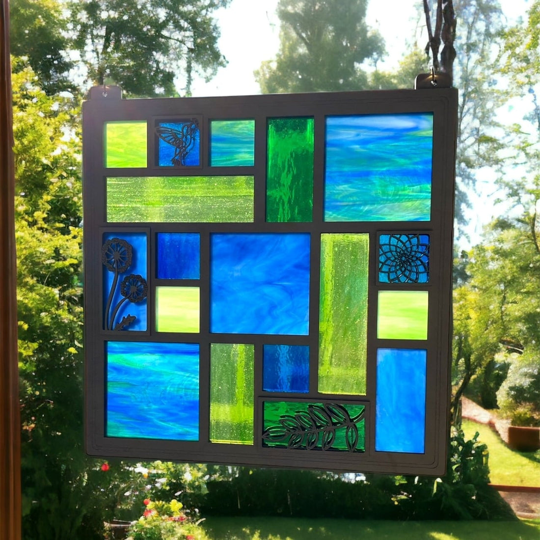 QUILTED GLASS PANEL 14" - blues & greens *ONE-OF-A-KIND*
