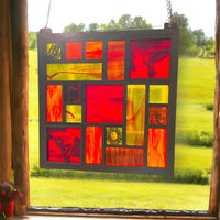 QUILTED GLASS PANEL 14" - reds & yellows *ONE-OF-A-KIND*