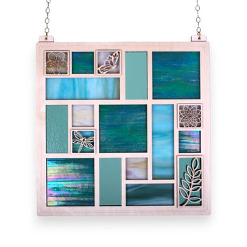 QUILTED GLASS PANEL 14" - teal & seafoam *ONE-OF-A-KIND*