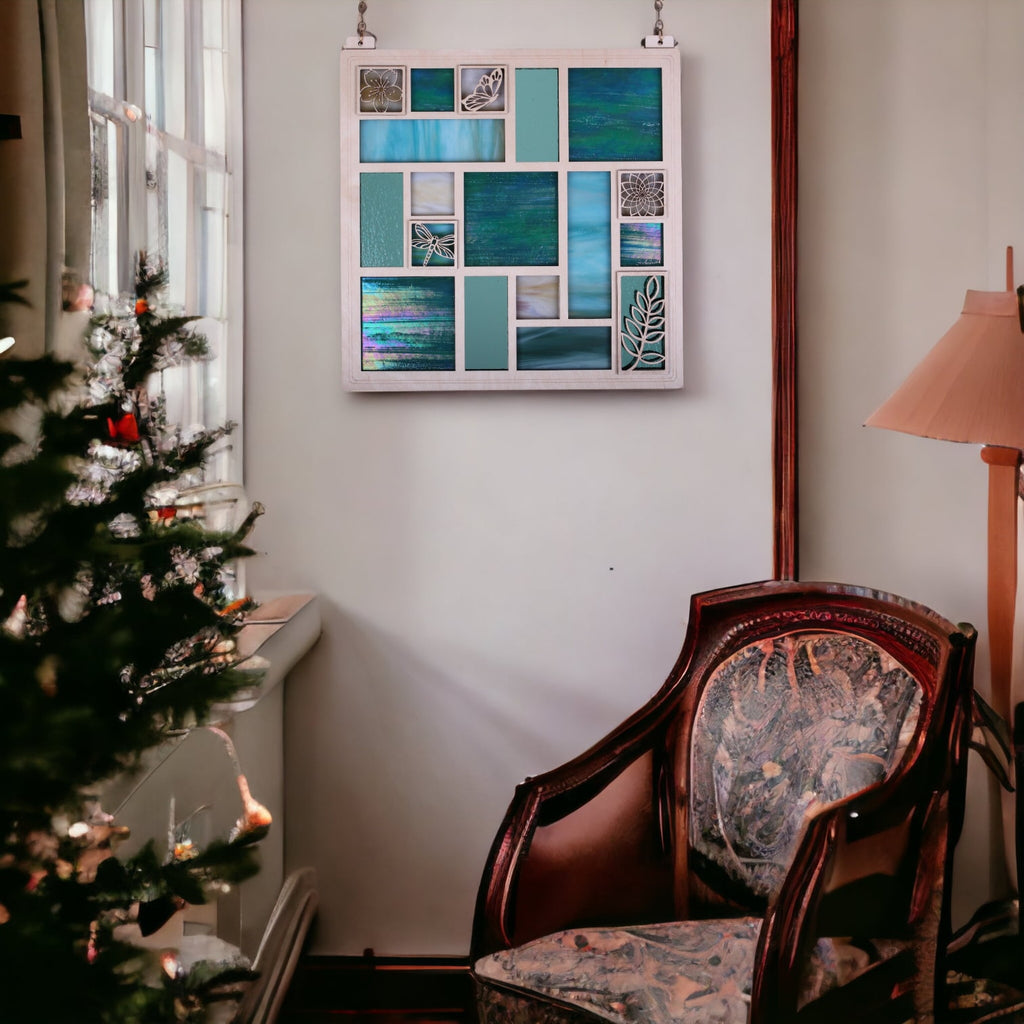 QUILTED GLASS PANEL 14" - teal & seafoam *ONE-OF-A-KIND*