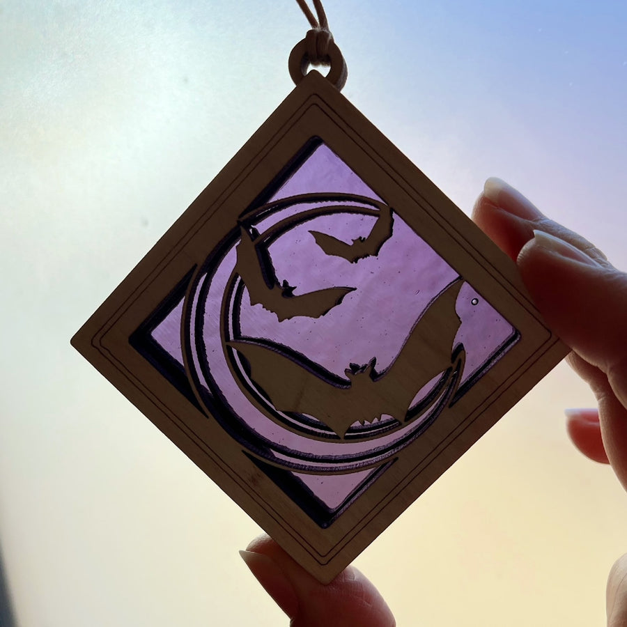 HALLOWEEN MINI SUNCATCHER - 2.5" stained glass & wood ornament