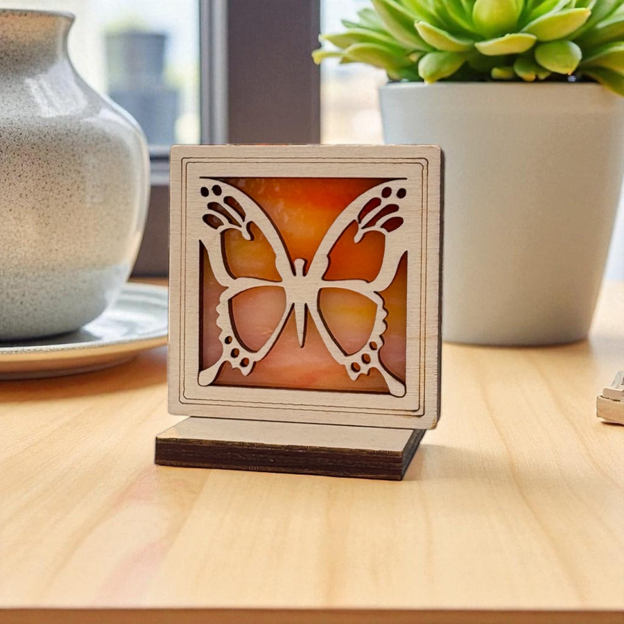 BUTTERFLY MINI SUNCATCHER - Free standing 2.5" stained glass & wood decor