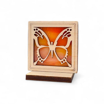 BUTTERFLY MINI SUNCATCHER - Free standing 2.5" stained glass & wood decor