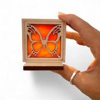 BUTTERFLY MINI SUNCATCHER - Free standing 2.5" stained glass & wood decor