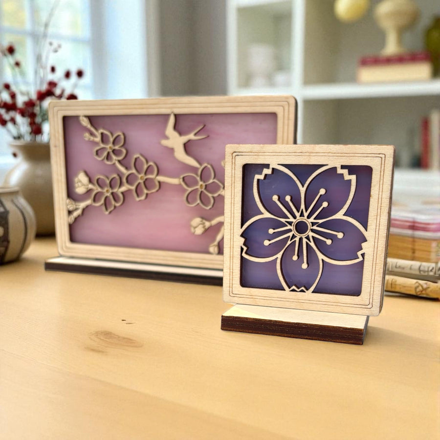 CHERRY BLOSSOM MINI SUNCATCHER - Free standing 2.5" stained glass & wood decor