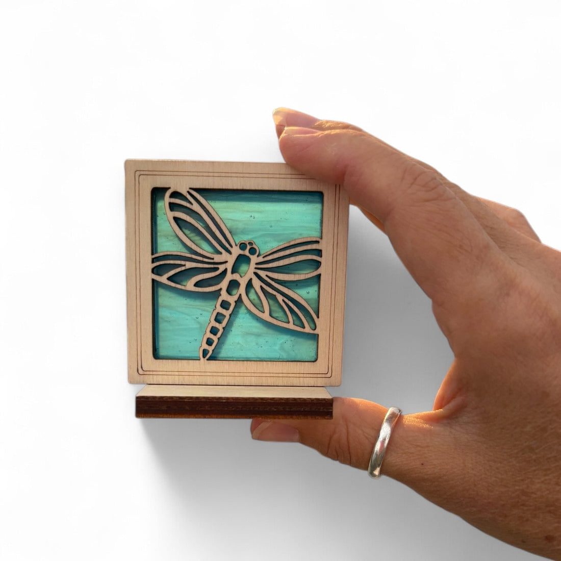 DRAGONFLY MINI SUNCATCHER - Free standing 2.5" stained glass & wood decor