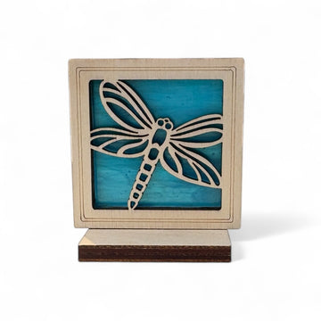 DRAGONFLY MINI SUNCATCHER - Free standing 2.5" stained glass & wood decor