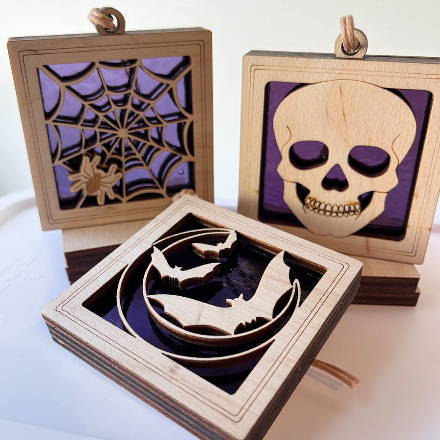 HALLOWEEN MINI SUNCATCHER - 2.5" stained glass & wood ornament