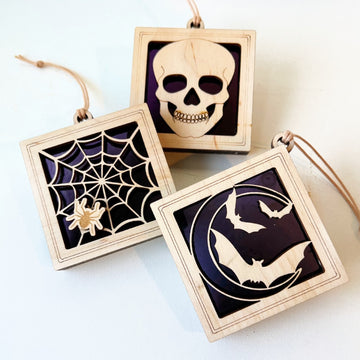 HALLOWEEN MINI SUNCATCHER - 2.5" stained glass & wood ornament