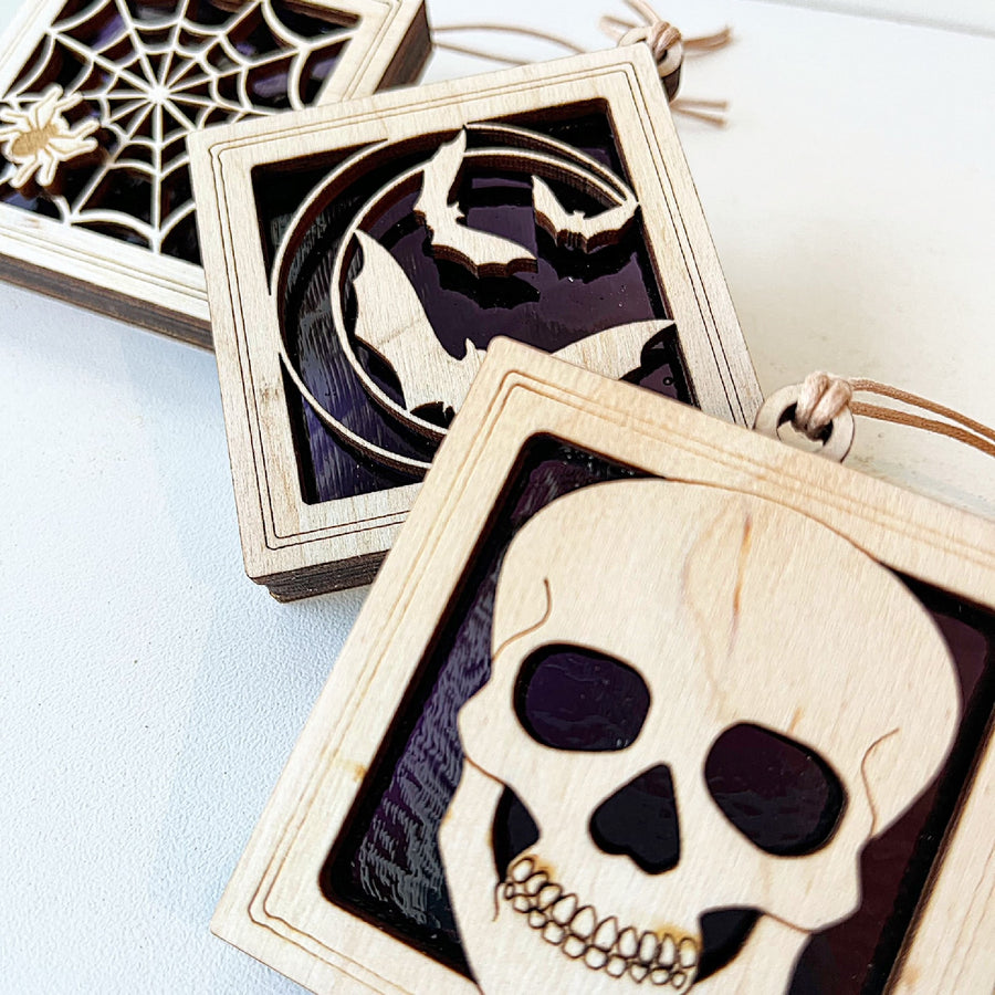 HALLOWEEN MINI SUNCATCHER - 2.5" stained glass & wood ornament