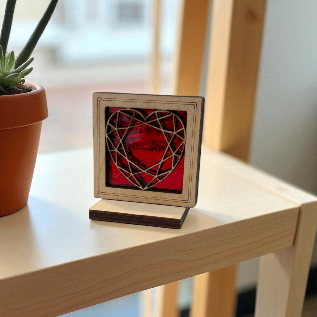 HEART MINI SUNCATCHER - Free standing 2.5" stained glass & wood decor