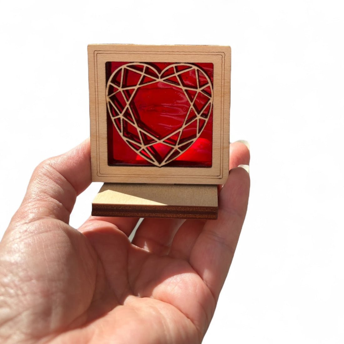 HEART MINI SUNCATCHER - Free standing 2.5" stained glass & wood decor