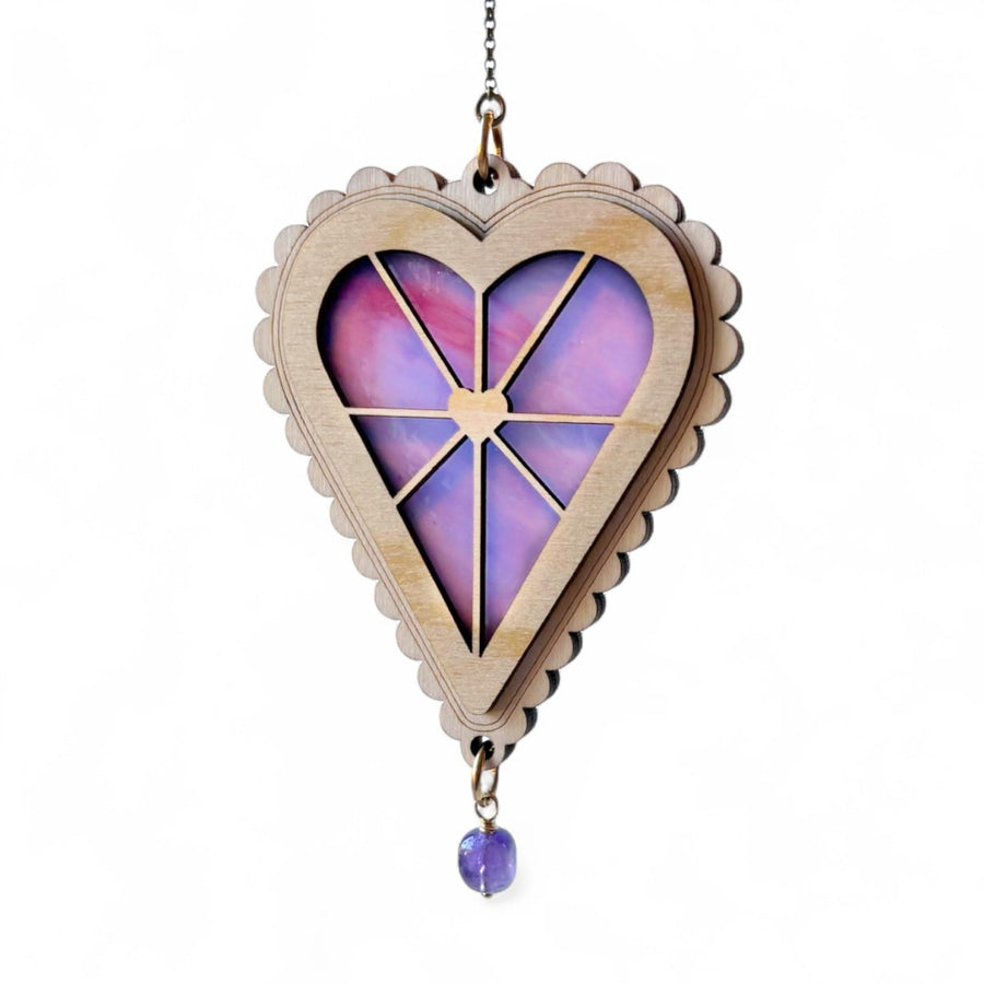 HEART STRINGS / Radiant Heart - Stained Glass & Wood Suncatcher