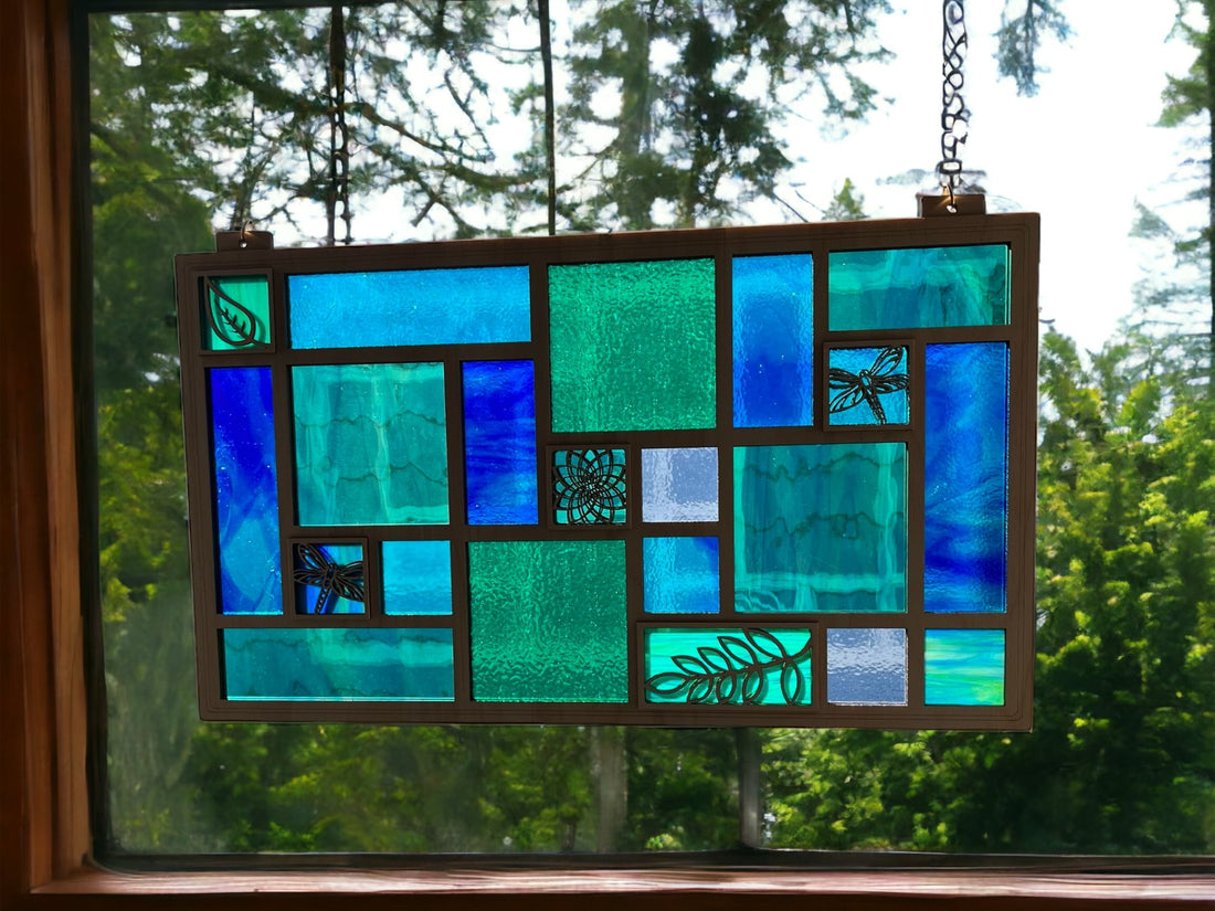 QUILTED GLASS PANEL (Horizontal) in blues & greens