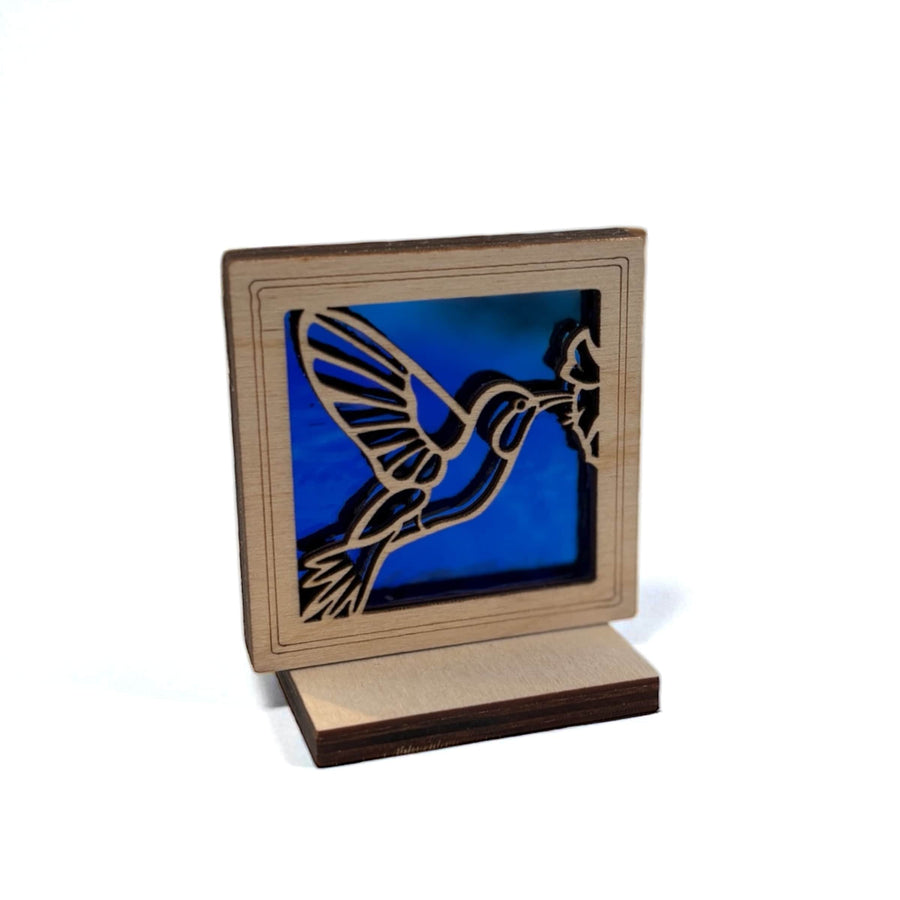 HUMMINGBIRD MINI SUNCATCHER - Free standing 2.5" stained glass & wood decor