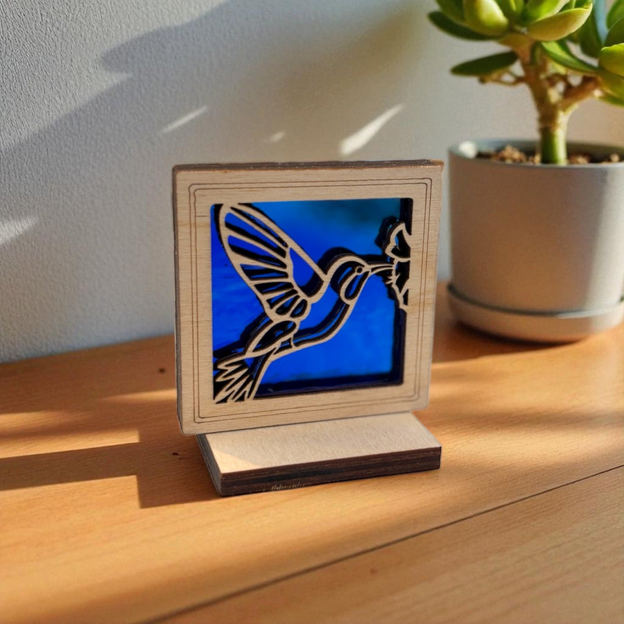 HUMMINGBIRD MINI SUNCATCHER - Free standing 2.5" stained glass & wood decor