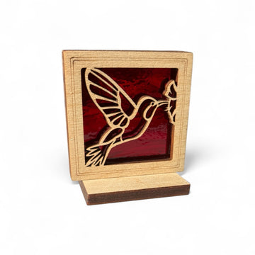 HUMMINGBIRD MINI SUNCATCHER - Free standing 2.5" stained glass & wood decor