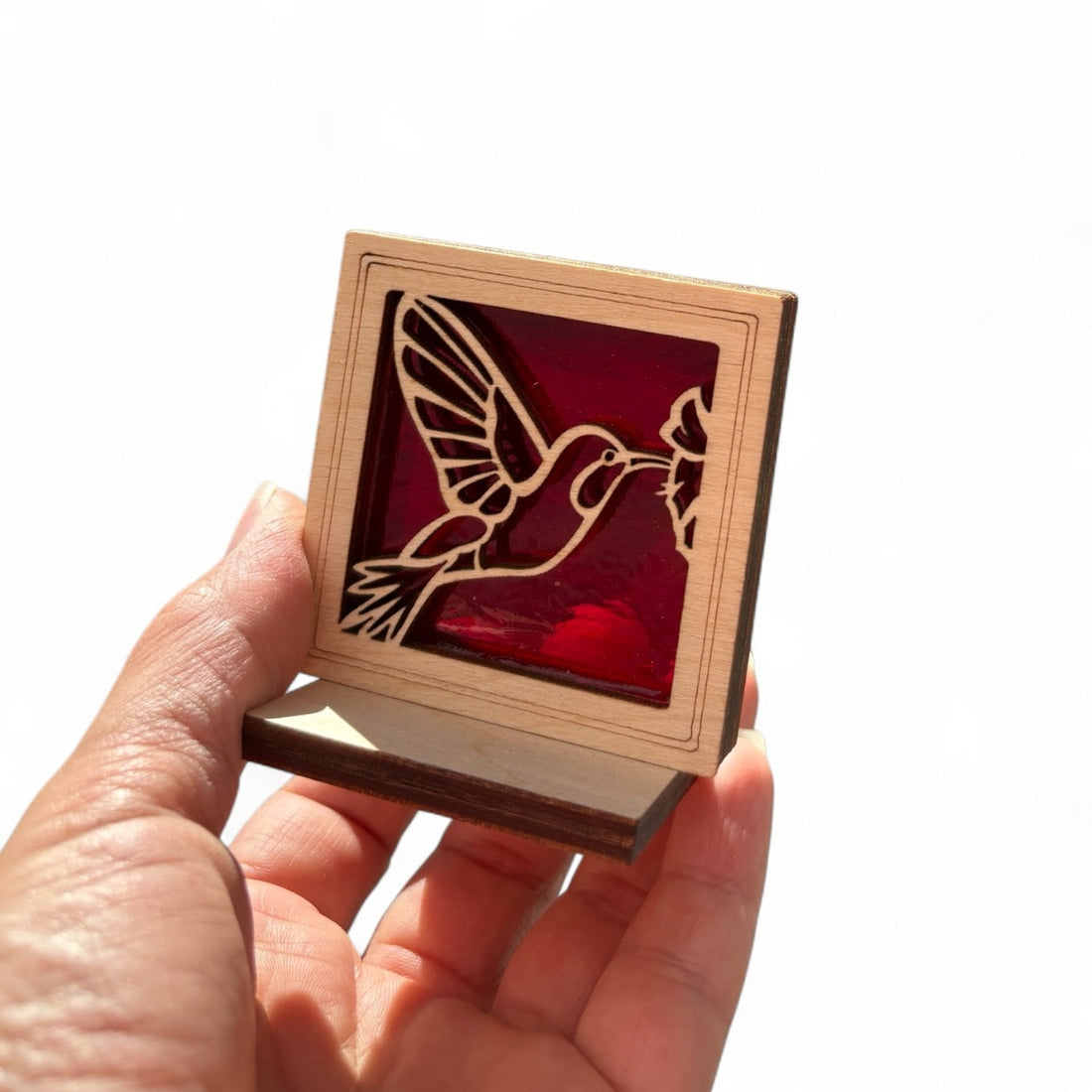 HUMMINGBIRD MINI SUNCATCHER - Free standing 2.5" stained glass & wood decor