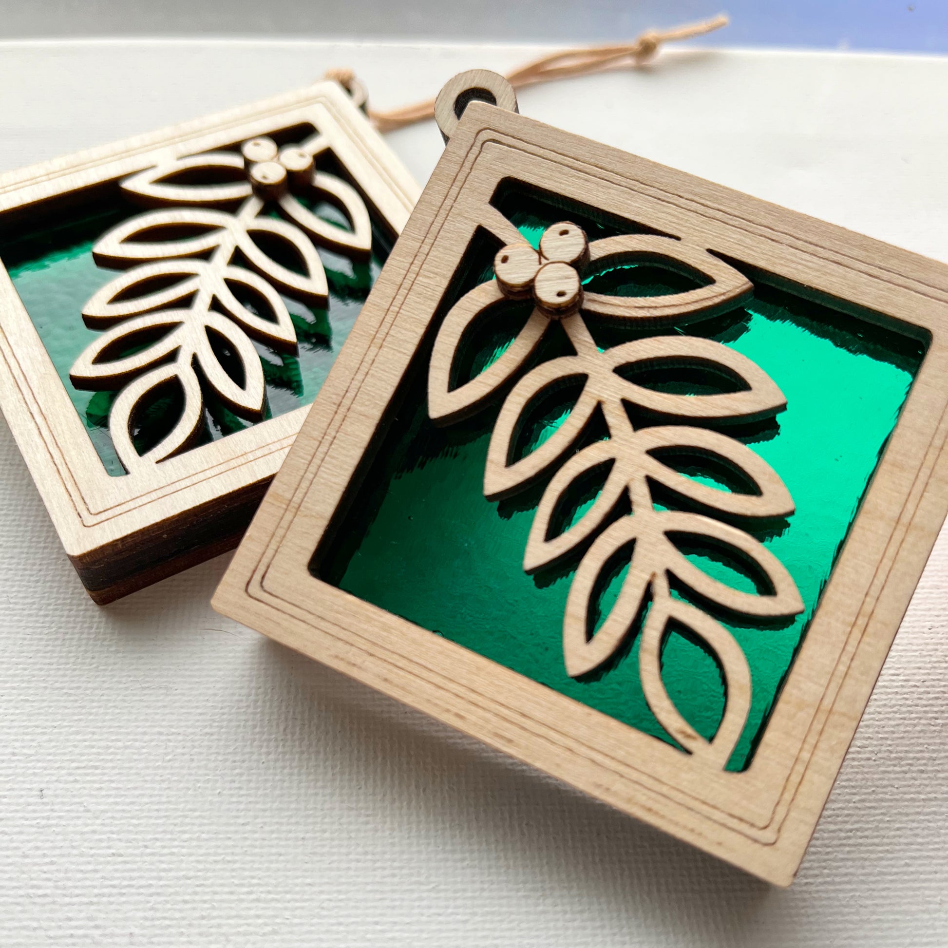 MISTLETOE MINI SUNCATCHER - 2.5" stained glass & wood ornament