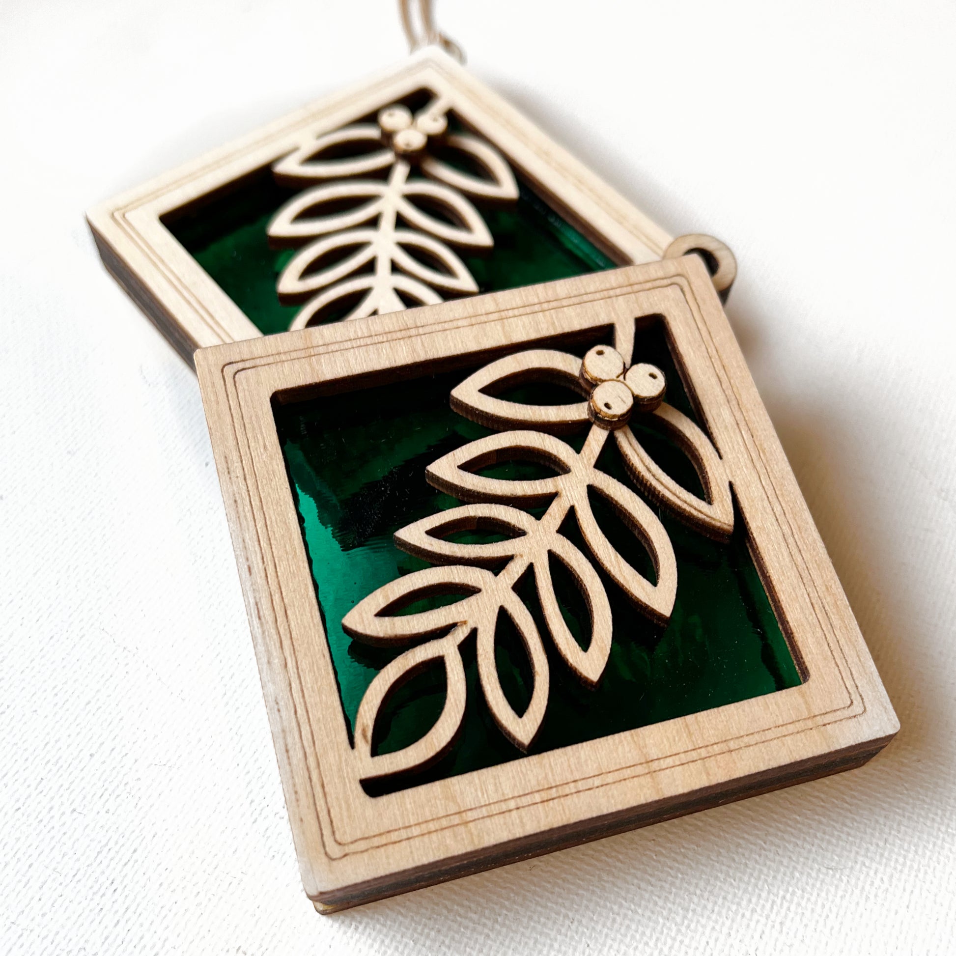 MISTLETOE MINI SUNCATCHER - 2.5" stained glass & wood ornament