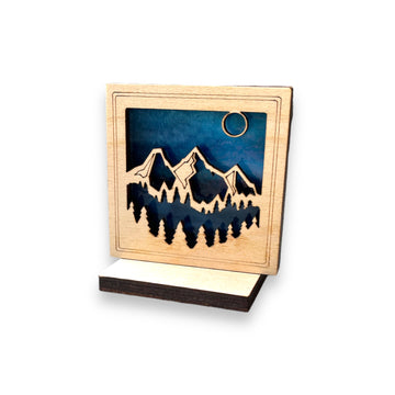 MOUNTAIN MINI SUNCATCHER - Free standing 2.5" stained glass & wood decor