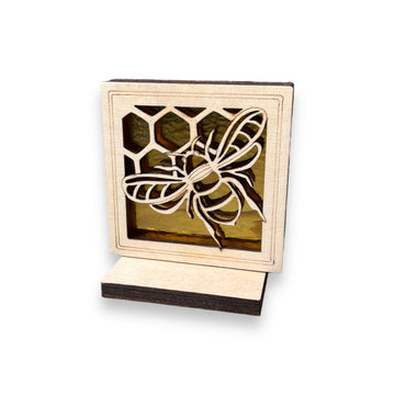 BEE MINI SUNCATCHER - Free standing 2.5" stained glass & wood decor