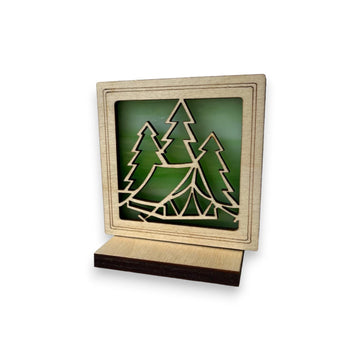 CAMPING MINI SUNCATCHER - Free standing 2.5" stained glass & wood decor