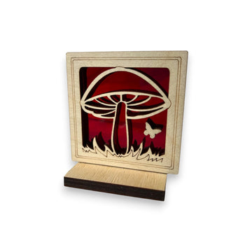MUSHROOM MINI SUNCATCHER - Free Standing 2.5" stained glass & wood decor