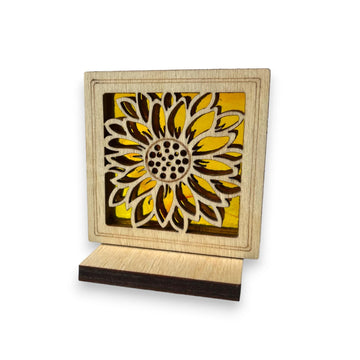 SUNFLOWER MINI SUNCATCHER - Free standing 2.5" stained glass & wood decor