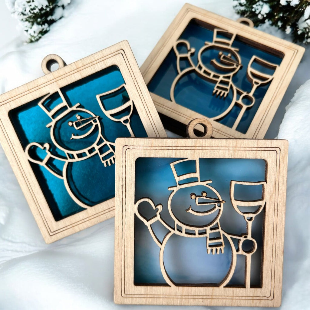 SNOWMAN MINI SUNCATCHER - 2.5" stained glass & wood ornament