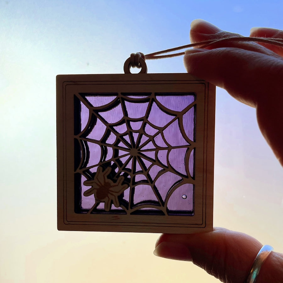 HALLOWEEN MINI SUNCATCHER - 2.5" stained glass & wood ornament