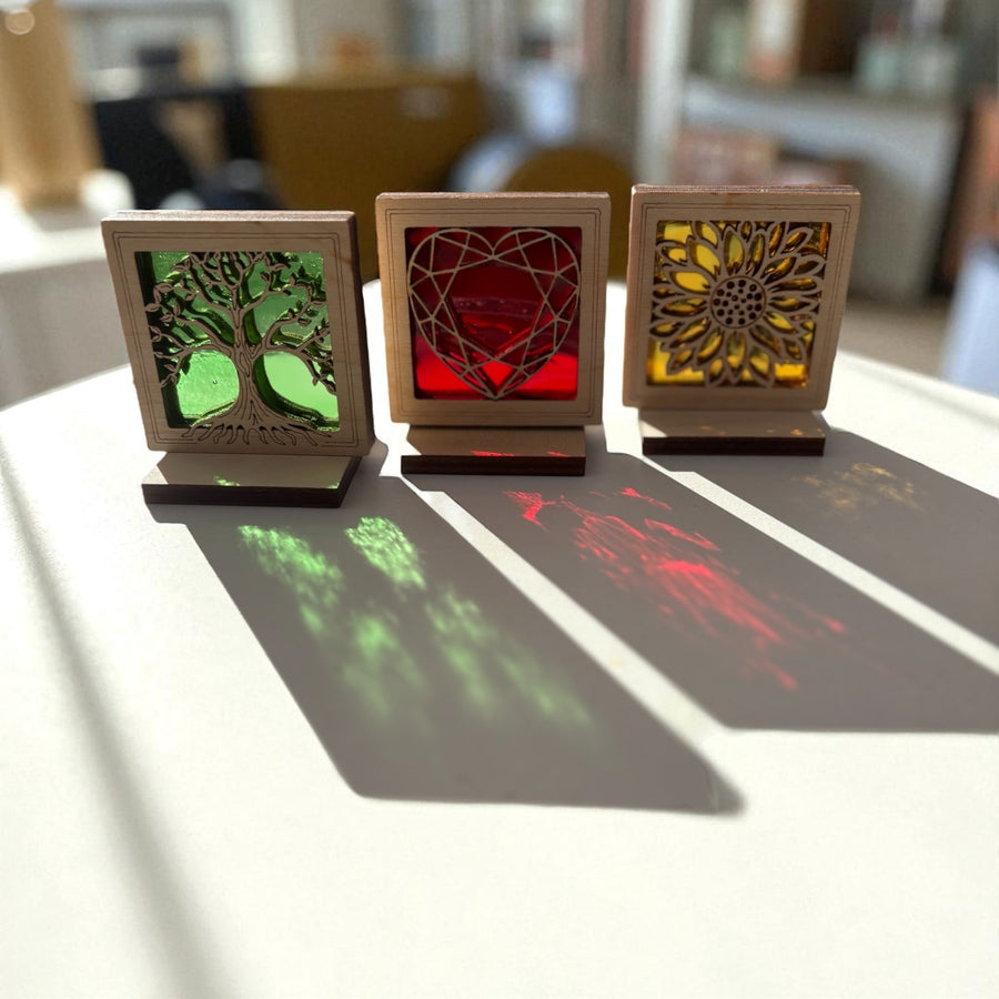TREE OF LIFE MINI SUNCATCHER - Free standing 2.5" stained glass & wood decor