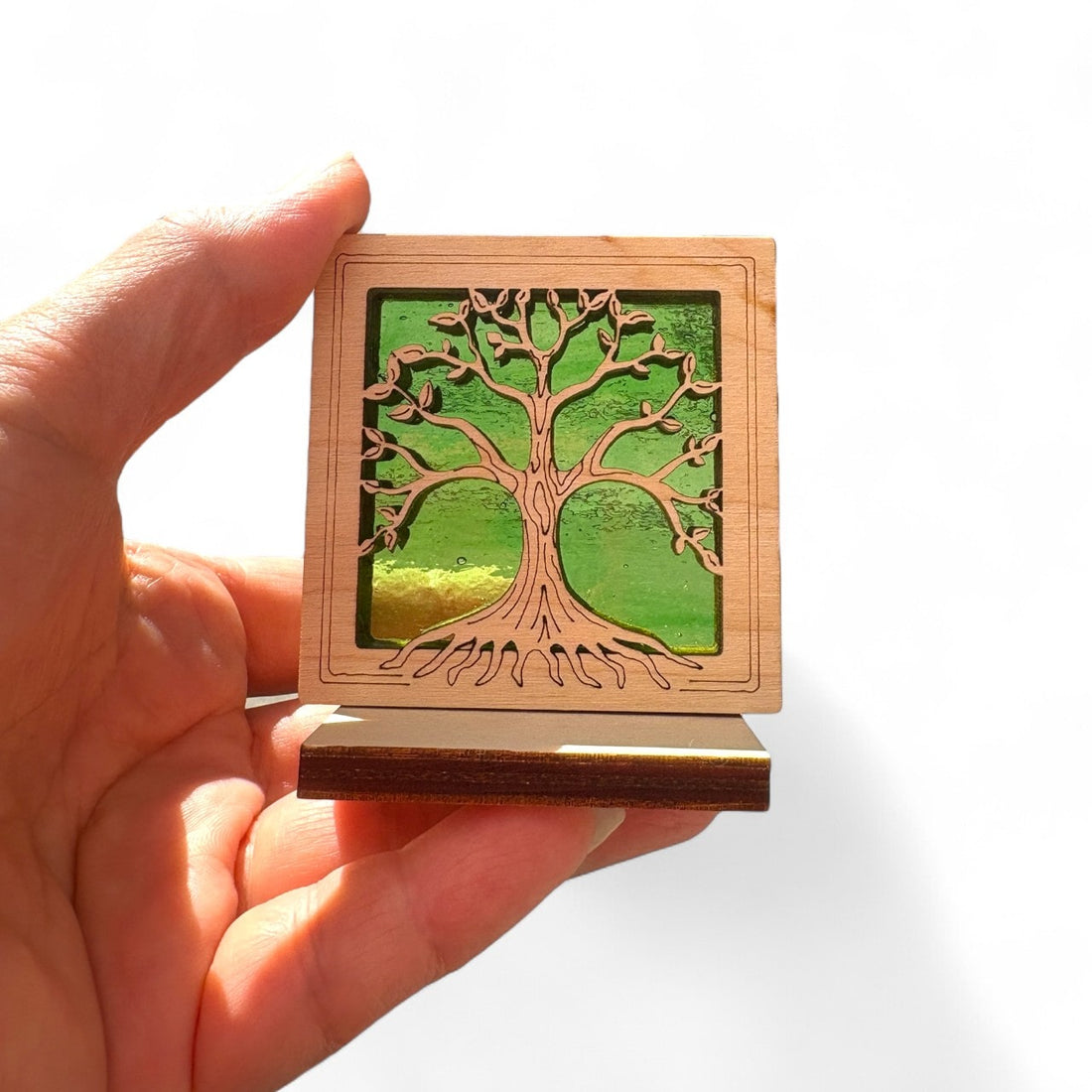 TREE OF LIFE MINI SUNCATCHER - Free standing 2.5" stained glass & wood decor