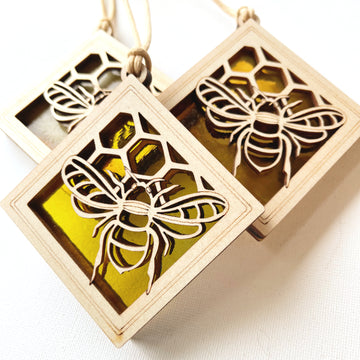 BEE MINI SUNCATCHER - 2.5" stained glass & wood ornament