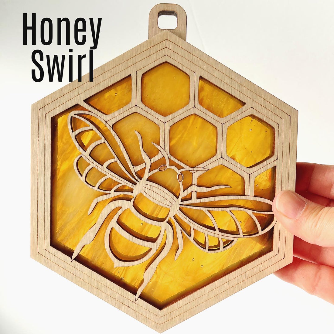 BEE SUNCATCHER - 6" stained glass & wood window ornament