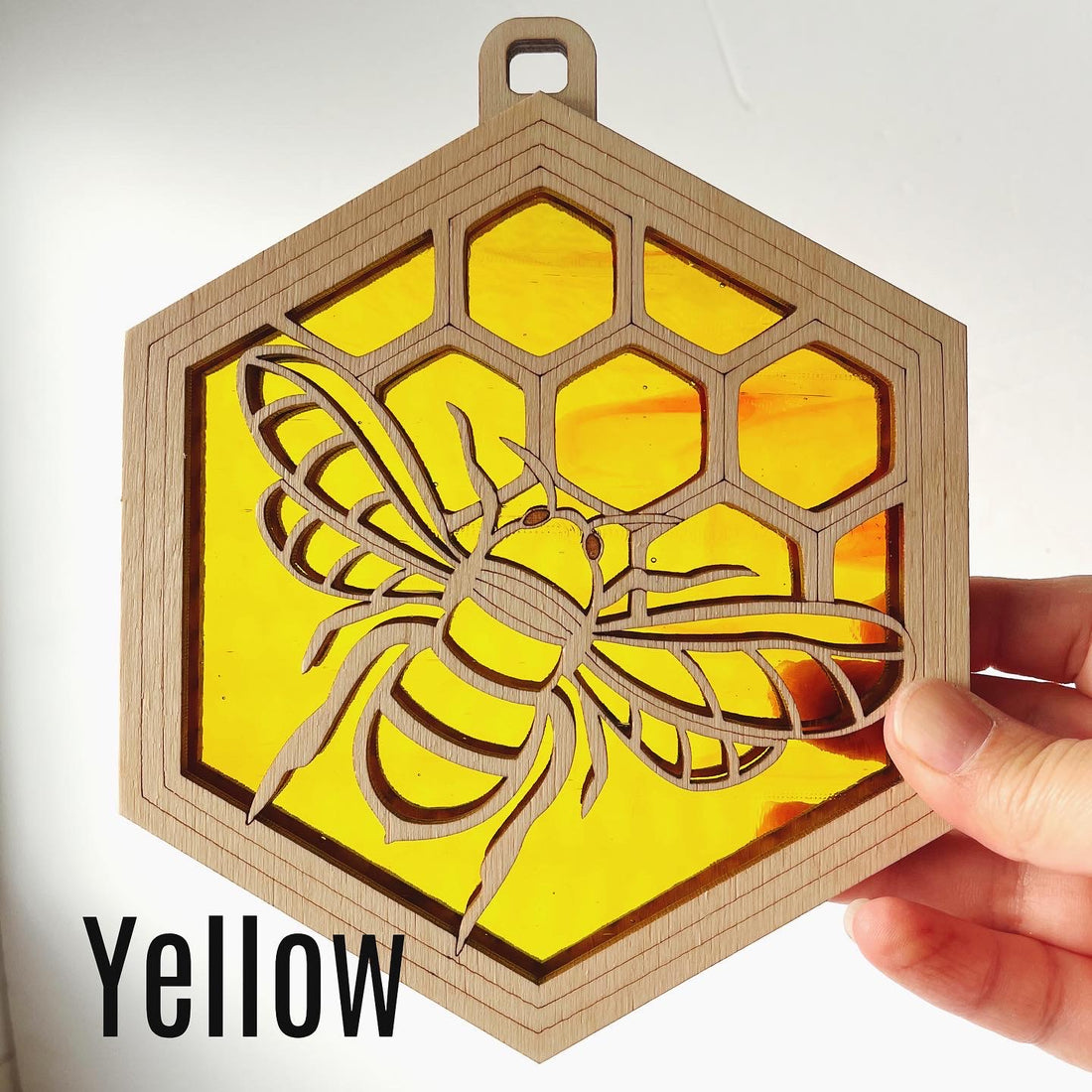 BEE SUNCATCHER - 6" stained glass & wood window ornament